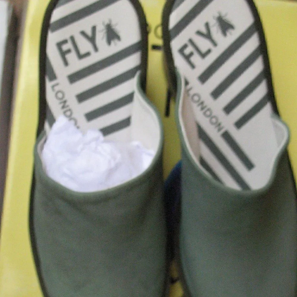 NWT Fly London Jade Green Wedge Slides